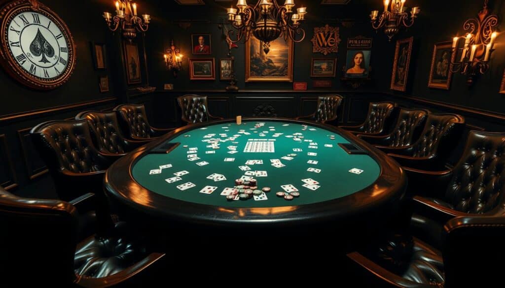 A high-resolution, photo-realistic image of a Texas Hold'em poker table in a dimly lit casino setting. The table is made of dark wood, with green felt covering the surface. Cards and poker chips are strewn across the table, creating a sense of an active game in progress. The table is surrounded by elegant leather chairs, and the walls are adorned with vintage poker memorabilia and ornate chandeliers, casting a warm, atmospheric glow over the scene. The overall composition conveys the traditional elegance and intensity of the classic card game.