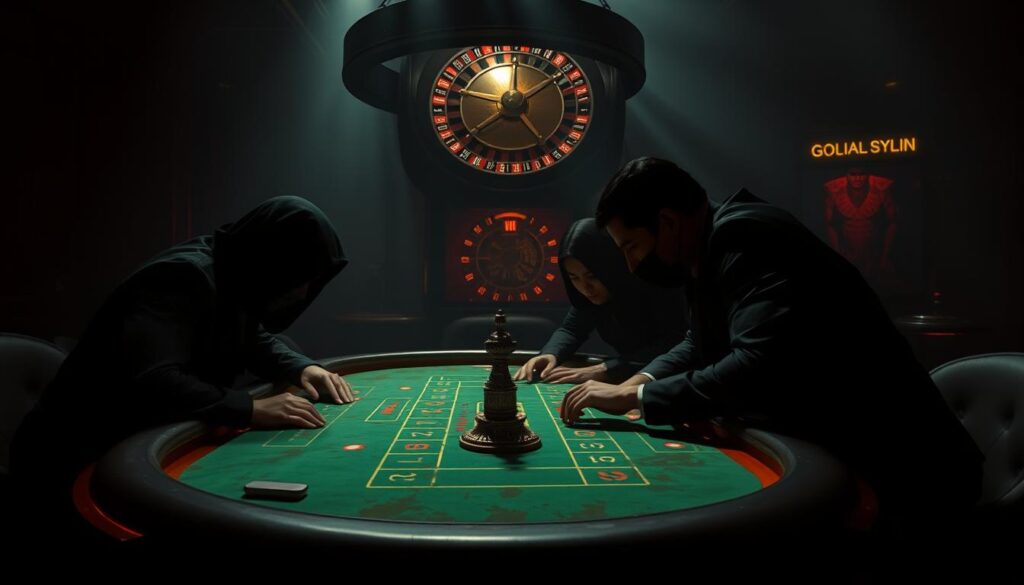 A high-risk gambling table in a dimly lit casino, with the ominous shadow of a roulette wheel looming overhead. The table's green felt is worn, hinting at the countless bets placed upon it. Shadowy figures lean in, their faces obscured, as they meticulously calculate their next move using the Martingale system, unaware of the potential pitfalls that lie ahead. The lighting is harsh, casting dramatic shadows, creating a tense, foreboding atmosphere. The scene evokes a sense of danger and the precarious nature of relying on a risky gambling strategy in the unpredictable world of casino gaming.