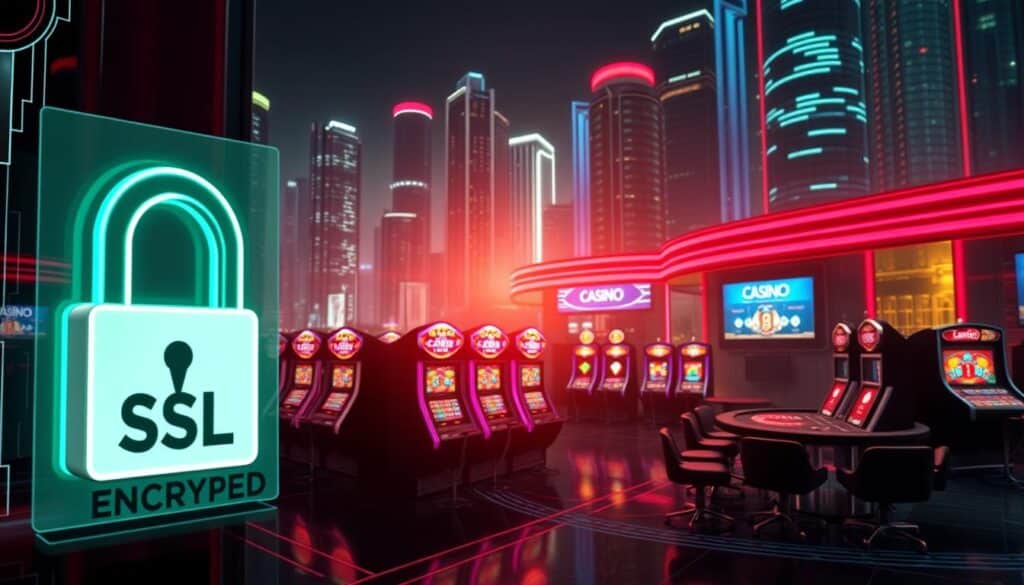 A high-security online gambling establishment, with a sleek and modern interface. In the foreground, a padlock icon and a "SSL Encrypted" badge signify the website's robust security measures. The middle ground features a lineup of casino games, including slot machines, roulette, and blackjack tables, all rendered in a realistic 3D style. The background showcases a cityscape of towering skyscrapers, their glass facades reflecting the neon lights of the casino's signage. The overall atmosphere conveys a sense of sophistication, trustworthiness, and technological advancement, ensuring a safe and enjoyable online gaming experience.
