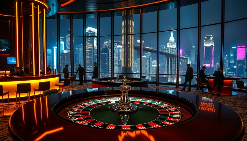 A high-stakes casino interior with a dramatic, cinematic atmosphere. In the foreground, a sleek, modern roulette table with polished chrome trim and a green felt surface, inviting players to place their bets. The middle ground features a curved bar with glowing amber lighting, where patrons sip cocktails and observe the action. In the background, a towering wall of floor-to-ceiling windows offers a panoramic view of a glittering cityscape at night, the lights of skyscrapers and neon signs reflecting off the table's surface. The scene is bathed in a warm, golden glow, creating a sense of opulence and excitement. The overall mood evokes the thrill and possibility of winning big at the high-stakes gambling tables.