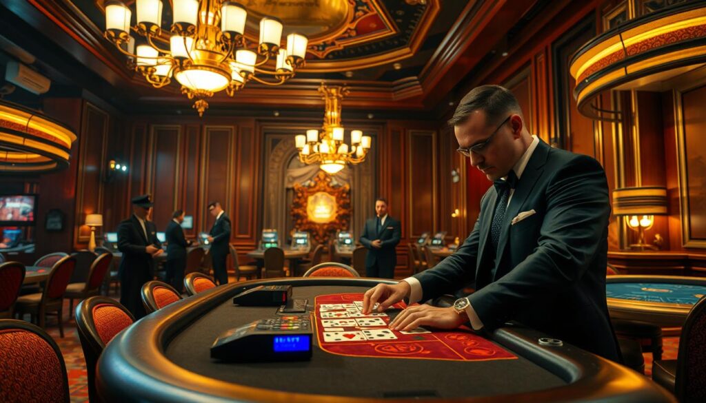 A high-stakes casino interior with a focus on security features. In the foreground, a casino dealer meticulously deals cards at a blackjack table, their every movement conveying professionalism and vigilance. The middle ground features a network of discreet security cameras and guards strategically positioned to monitor the gaming floor. In the background, an opulent chandelier casts a warm, ambient glow over the scene, complementing the rich, mahogany-paneled walls and elegant decor that exude an atmosphere of sophistication and safety. The overall impression is one of a well-regulated, secure environment that prioritizes the protection and comfort of its patrons.