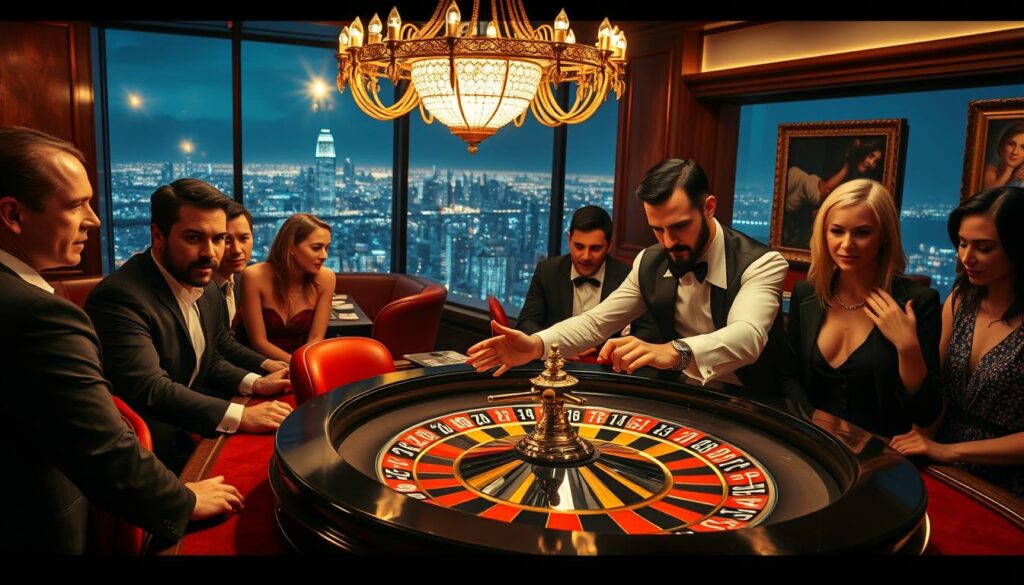 A high-stakes, glamorous scene of a modern online casino in 2025. In the foreground, a charismatic dealer spins the roulette wheel, their hands deftly twirling the ball. Around the table, well-dressed patrons lean in, expressions animated with anticipation. Overhead, a dazzling chandelier casts a warm, golden glow, accentuating the rich, luxurious decor - plush velvet seats, polished mahogany, and elegant artwork on the walls. In the background, a panoramic city skyline is visible through floor-to-ceiling windows, the nighttime urban landscape sparkling with lights. An atmosphere of excitement, sophistication, and high-stakes thrills pervades the scene.