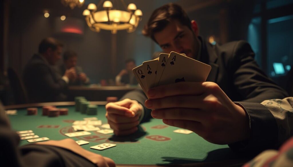 A high-stakes poker game set in a dimly lit, luxurious casino interior. The table is adorned with green felt and metal trim, with cards and poker chips scattered across the surface. In the foreground, a player's hands hold a pair of hole cards, the cards partially obscured by their fingers as they carefully consider their opening move. The player's face is partially in shadow, creating a sense of tension and focus. The background is hazy, with the faint outlines of other players and the dealer visible, the mood somber and intense, as if the weight of the decision hangs heavy in the air.