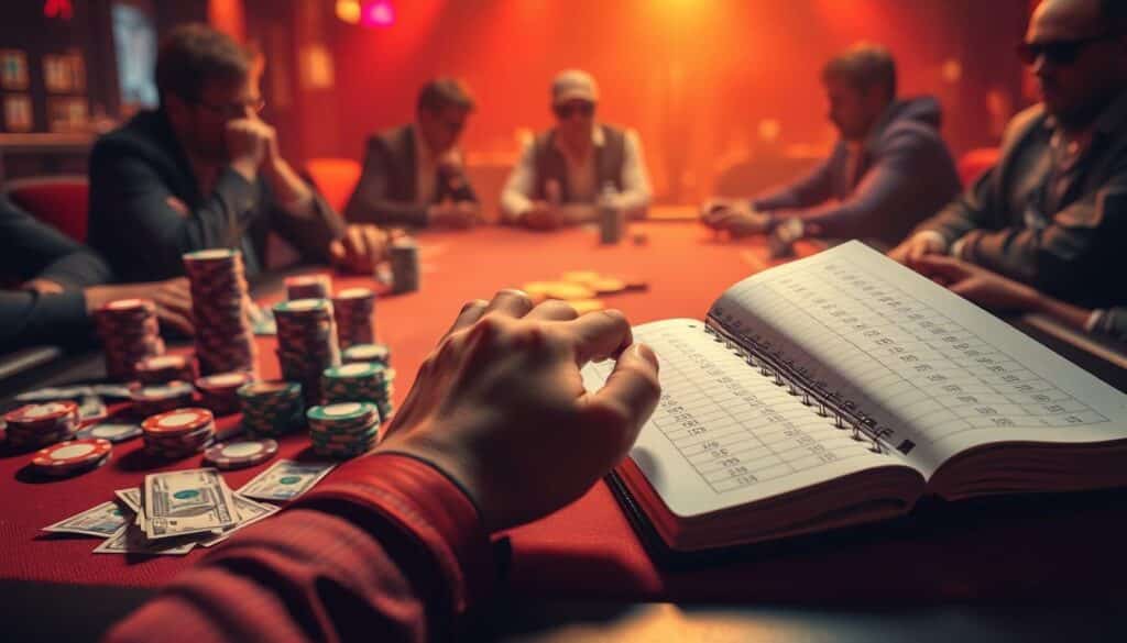 A high-stakes poker table, bathed in warm amber light, sits center stage. Stacks of colorful chips, crisp bills, and an open notebook with meticulously recorded figures create a sense of strategic deliberation. In the foreground, a seasoned player's hand hovers over the table, considering their next move with laser-sharp focus. The background is hazy, blurring the other players into a sea of concentration, creating an atmosphere of intense mental engagement. The entire scene conveys the essence of disciplined, analytical money management - the crucial foundation for success in the thrilling world of Texas Hold'em.