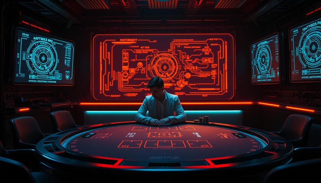 A high-stakes poker table set against a futuristic backdrop, with a digital display showcasing AI-driven gameplay strategies. In the foreground, a player contemplates their next move, illuminated by the warm glow of holographic projections. The environment is rich in technological details, from the sleek, minimalist design of the table to the intricate algorithms visualized on nearby screens. The lighting casts dramatic shadows, creating a sense of tension and intensity as the human player seeks to outmaneuver the relentless AI opponent. The atmosphere evokes the intersection of human intuition and machine precision, where the age-old game of Texas Hold'em becomes a battleground for the future of intelligent decision-making.