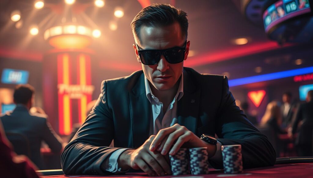 A high-stakes poker tournament in a dimly lit casino, the spotlight shining on a renowned poker player, hands poised over a stack of chips, face set in a focused, intense expression. The player's iconic look - a tailored suit, sunglasses, and a confident demeanor - commands the attention of the room. The background blurs, emphasizing the player as the center of attention, the embodiment of the glamour and prestige associated with the game of Texas Hold'em. Dramatic lighting sculpts the player's features, creating an air of mystery and allure befitting a true poker legend.