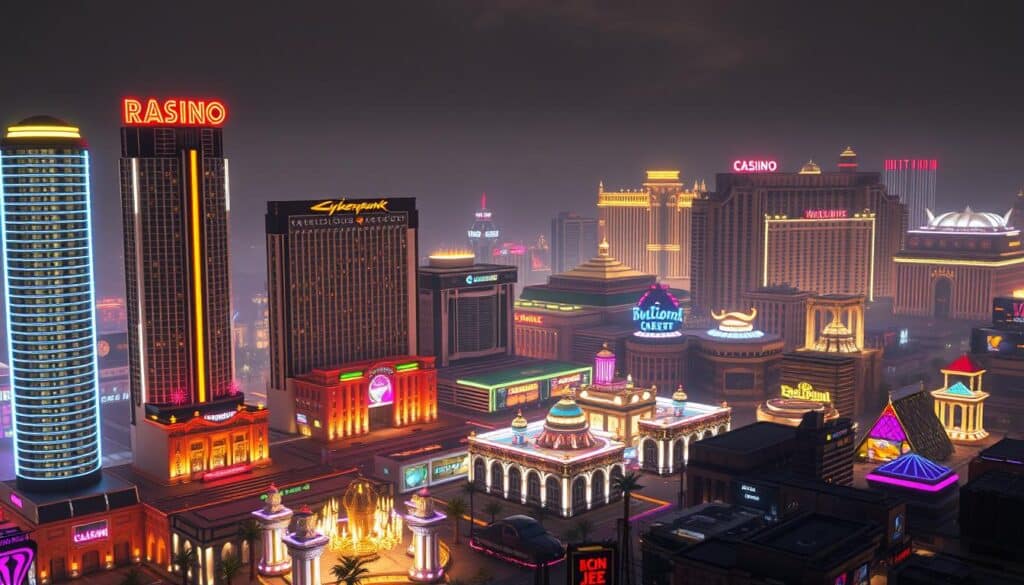 A highly detailed, photorealistic rendering of the historical development of the Cali Entertainment City casino complex. The scene depicts the gradual expansion of the casino over several decades, showcasing its evolution from a modest gambling establishment to a sprawling, opulent resort. The foreground features the modern, gleaming high-rise towers and luxury hotels of the current-day casino, while the middle ground shows the gradual addition of new wings, VIP lounges, and entertainment facilities. In the background, the viewer can see the older, more modest casino buildings from the early days, gradually being overtaken by the newer, larger structures. The image should convey a sense of the casino's growth and transformation into a major gaming and entertainment destination, with careful attention to architectural details, lighting, and atmospheric perspective.