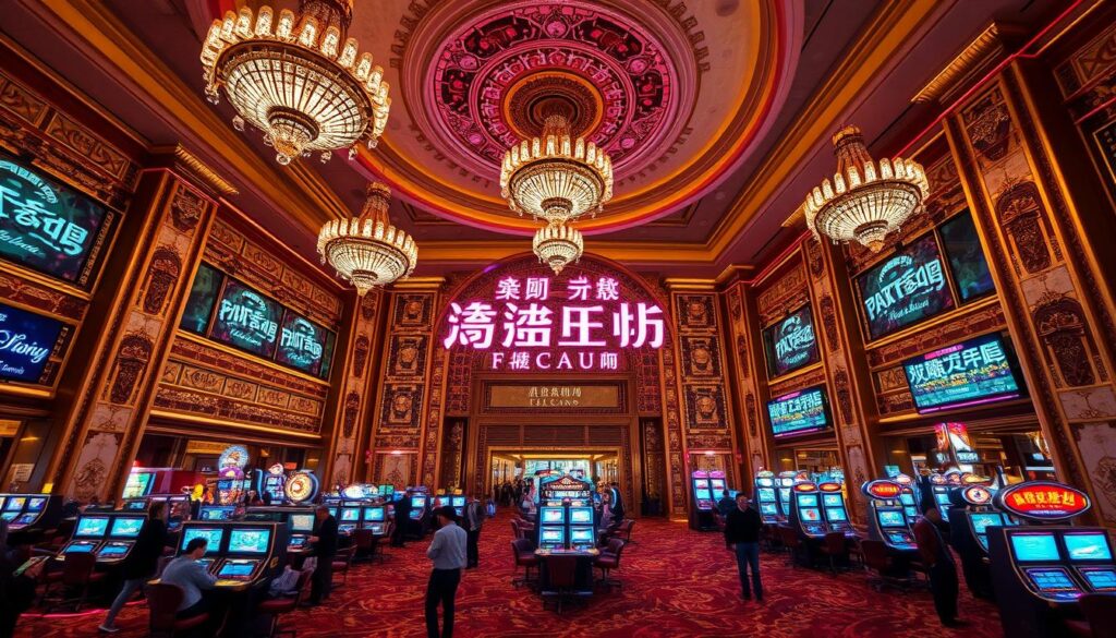 A lavish Macau casino interior with a grand entrance, ornate chandeliers, and plush carpeting. Gamblers gathered around gaming tables, intently focused on their play. Bright neon signs and screens display the casino's name and amenities. A sense of excitement and anticipation fills the air, drawing visitors into the vibrant world of Macau's renowned gambling landscape. Crisp, high-resolution imagery captured with a wide-angle lens to convey the grand scale and immersive atmosphere of this iconic gaming destination.