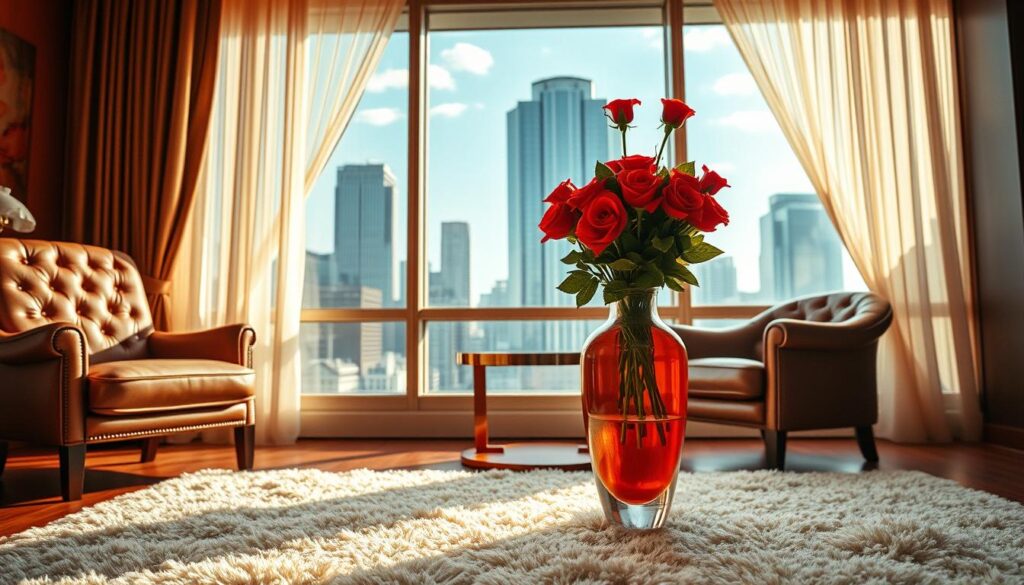 A lavish, elegant setting featuring a luxurious leather armchair and wooden side table. In the foreground, a sleek, polished vase filled with vibrant red roses casts a warm, inviting glow. The middle ground showcases a plush, cream-colored rug covering a hardwood floor, creating a sense of sophistication. In the background, a large window floods the scene with natural light, revealing a cityscape of high-rise buildings and a hint of the azure sky beyond. The overall atmosphere exudes an air of exclusivity and indulgence, befitting a premium gifting experience.