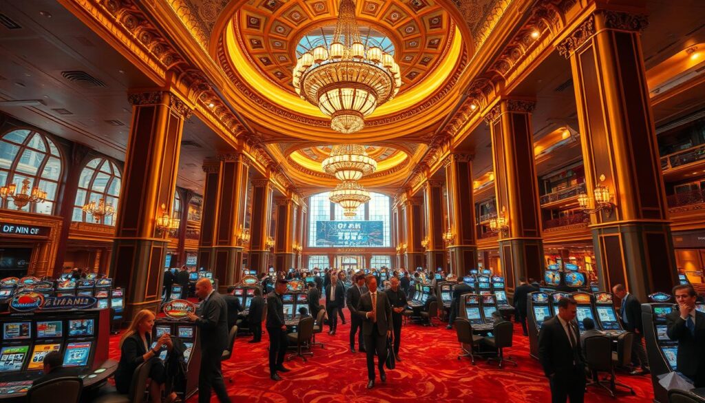 A lavish, opulent casino interior with a grandiose atmosphere. Towering golden columns support an ornate, domed ceiling adorned with intricate chandeliers that cast a warm, luxurious glow. Plush crimson carpets and rich mahogany accents create an air of elegant sophistication. Stylish guests in formal attire mingle amidst gaming tables and slot machines, immersed in the exclusive, high-end ambiance of the MGM Grand Macau casino. Dramatic lighting from large windows highlights the casino's luxurious amenities and premium services, offering a truly unique and indulgent experience.