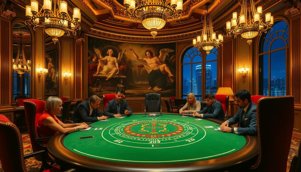 A lavish, ornate casino interior with a large, green baize-covered baccarat table at the center. Soft, warm lighting from overhead chandeliers creates a sophisticated ambiance. Elegant, high-backed chairs surround the table, where a group of well-dressed players study their cards intently, faces focused on their strategy. In the background, a classical baroque mural adorns the walls, while tall, arched windows offer glimpses of a nighttime cityscape beyond. The overall scene conveys an air of exclusivity, wealth, and the tension of high-stakes gaming.