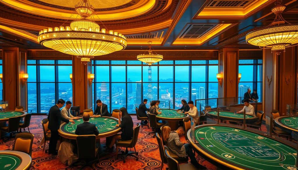 A lavish, ornate interior of a high-end Baccarat casino resort in Taiwan. The foreground showcases the elegant gaming tables, carpeted floors, and gilded chandeliers casting a warm, inviting glow. In the middle ground, smartly dressed patrons engage in the lively game, their faces alight with anticipation. The background features panoramic windows overlooking a sweeping cityscape, hinting at the glamour and allure that has drawn players to this iconic entertainment destination. The overall scene evokes a sense of sophisticated leisure, blending the thrill of the tables with the refined atmosphere of a world-class gaming venue.