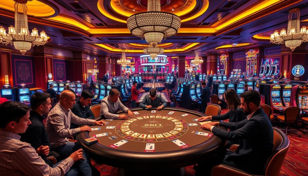 A lively and immersive baccarat gaming scene set in a modern casino interior. The foreground features a baccarat table surrounded by focused players, their expressions intense as they place bets and observe the cards being dealt. The middle ground showcases the grand casino decor, with ornate chandeliers, rich wood paneling, and plush carpeting creating an atmosphere of elegance and excitement. In the background, a panoramic view of the casino floor reveals the bustling energy of the gaming tables and slot machines, all bathed in warm, golden lighting that emanates a sense of indulgence and possibility. The overall composition captures the allure and thrill of the popular baccarat game within the vibrant setting of a world-class gambling establishment.