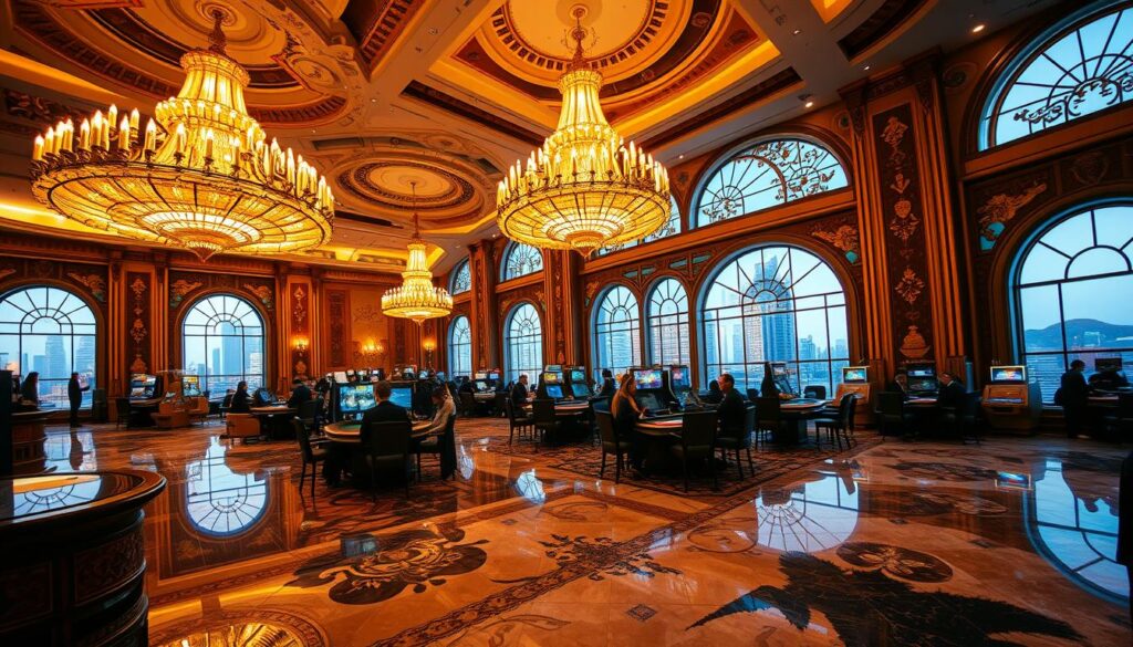 A luxurious Macau casino interior, captured through a wide-angle lens. In the foreground, a polished marble floor reflects the opulent chandelier overhead, casting a warm, golden glow. Intricate gilded decorations adorn the walls, with high ceilings and grand arched windows providing a sense of grandeur. In the middle ground, well-dressed patrons lounge at gaming tables, immersed in the thrill of high-stakes play. The background features a stunning cityscape visible through the windows, showcasing the iconic landmarks of Macau's skyline. The overall atmosphere exudes a sophisticated, VIP ambiance, capturing the essence of Macau's renowned casino culture and the exclusive experiences it offers.