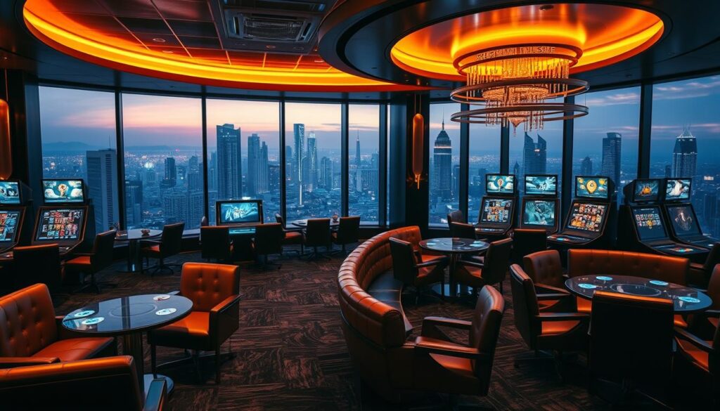 A luxurious and modern online casino interior, bathed in warm, inviting lighting. Plush leather chairs and tables arranged in a tasteful layout, with sleek digital displays showcasing the available games. In the background, a panoramic city skyline can be seen through large windows, adding a sense of sophistication. The overall atmosphere exudes an air of exclusivity and high-end entertainment, catering to the discerning tastes of avid casino enthusiasts.