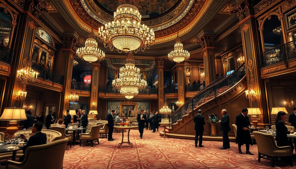 A luxurious and opulent interior of the Parisian entertainment complex in Macau, showcasing its grandiose and exquisite design. The ornate chandeliers cast a warm, golden glow across the lavish furnishings, plush carpets, and ornate architectural details. Elegant guests in formal attire mingle amidst the palatial ambiance, sipping fine wines and enjoying the high-end hospitality. Intricate gilded moldings, towering columns, and a sweeping staircase create a sense of grandeur and exclusivity. The scene exudes an atmosphere of refined sophistication and immersive indulgence, befitting the discerning tastes of Macau's elite.