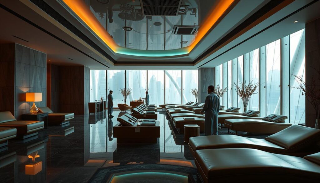 A luxurious and serene spa retreat nestled within the heart of a glamorous Macau casino. The interior exudes an elegant, contemporary design with floor-to-ceiling windows that flood the space with natural light. Plush, leather loungers and minimalist decor create an atmosphere of sophisticated relaxation. Skilled therapists glide through the tranquil atmosphere, attending to guests with the utmost care and precision. Holistic treatments and cutting-edge beauty technologies promise a transformative experience that leaves visitors feeling refreshed and rejuvenated. This oasis of calm stands as a testament to the future of high-end hospitality, where indulgence meets wellness in perfect harmony.