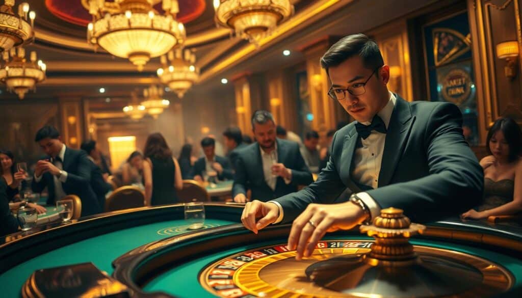 A luxurious casino interior in Macau, China, with ornate furnishings, glittering chandeliers, and a lively atmosphere. In the foreground, a well-dressed player confidently places a bet on a roulette table, their eyes focused and their expression determined. The table is illuminated by a warm, golden light, creating a sense of anticipation and excitement. In the middle ground, other players surround the table, their faces a mix of concentration and excitement. The background is hazy, with the sound of clinking glasses and the occasional cheer from the crowd. The overall mood is one of elegance, high-stakes gambling, and the thrill of potential winnings.