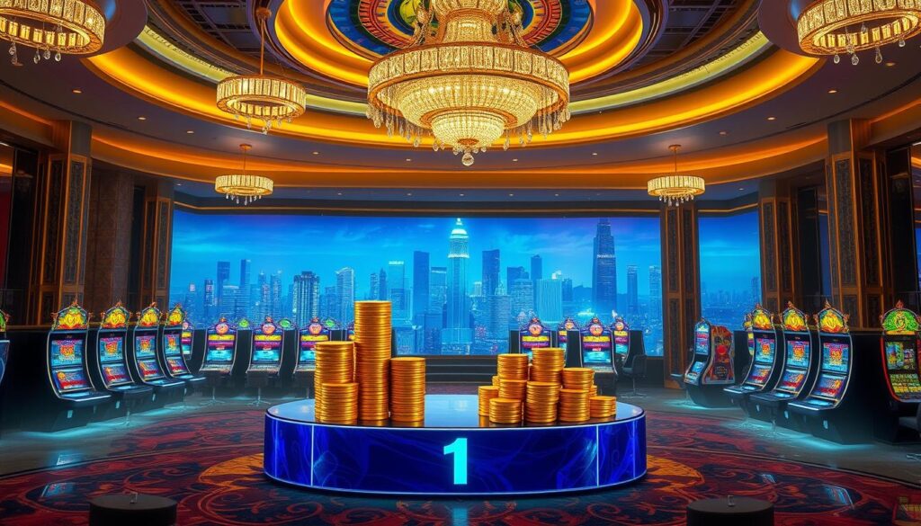A luxurious casino interior with a grandiose chandelier illuminating the opulent setting. In the foreground, a winner's podium showcases a stack of gold coins and stacks of cash, highlighting the bountiful rewards. The middle ground features an array of sleek gaming terminals, their screens displaying eye-catching jackpot amounts. The background depicts a panoramic view of the city skyline, emphasizing the scale and prestige of this high-end entertainment hub. The atmosphere exudes a sense of excitement and anticipation, inviting players to experience the thrill of the "Bountiful Rewards System".