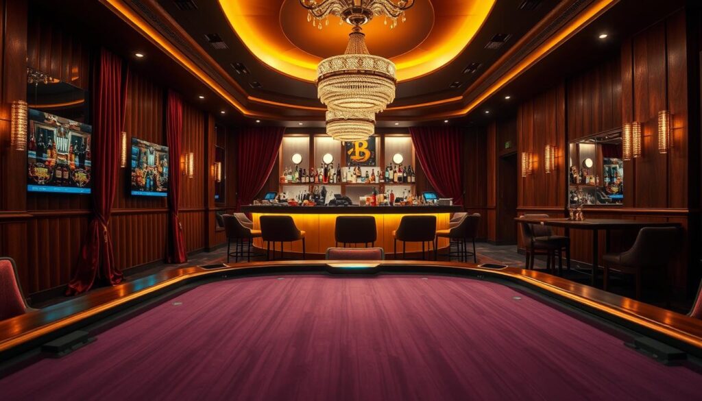 A luxurious casino interior with a warm, inviting atmosphere. In the foreground, a sleek, modern gaming table with polished wood and brushed metal accents. Softly glowing lights emanate from the table's edges, casting a gentle, alluring glow. In the middle ground, a curved bar with an array of premium liquor bottles and glassware, bathed in a golden ambiance from overhead chandeliers. The background features plush, burgundy velvet curtains draped along the walls, complemented by rich, walnut-toned paneling. The overall scene conveys a sense of sophisticated elegance and exclusivity, perfectly capturing the unique charm and allure of BitCasino.