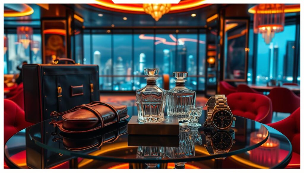A luxurious casino lounge, bathed in warm lighting and rich, velvety textures. On a sleek glass table, an array of premium gift options are displayed - a bespoke leather travel case, a handcrafted crystal decanter, a priceless timepiece. Reflected in the mirrored surfaces, the scene exudes an atmosphere of exclusivity and sophistication. In the background, a panoramic city skyline provides a glamorous backdrop, hinting at the high-stakes world of Macau's elite. The image evokes a sense of refined taste, thoughtful curation, and the careful consideration that goes into selecting the perfect gift for a casino VIP.