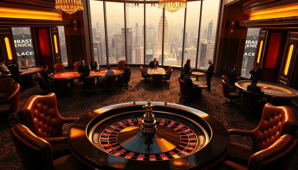 A luxurious online casino interior, bathed in warm, golden lighting. The foreground features a large, ornate roulette table surrounded by plush leather chairs. In the middle ground, high-rollers in formal attire gather around blackjack and baccarat tables, their faces intent on the games. The background showcases a panoramic view of a glittering cityscape through floor-to-ceiling windows, creating a sense of exclusivity and grandeur. The overall atmosphere evokes a sophisticated, alluring ambiance that draws in the discerning gambler.