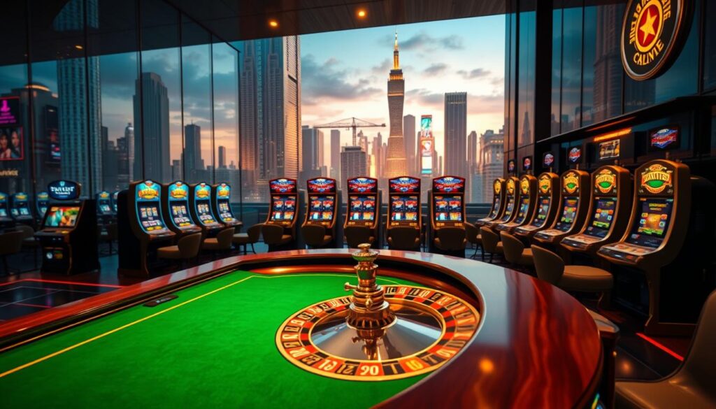 A luxurious online casino with a sleek, modern design. In the foreground, a large virtual roulette table with a green felt surface and polished wooden edges. Illuminated by a warm, golden lighting that casts a sophisticated ambiance. In the middle ground, rows of high-resolution slot machines with vibrant, eye-catching graphics and animations. The background features a panoramic city skyline, with skyscrapers and neon signs reflecting off the virtual casino's glass exterior. The overall atmosphere exudes a sense of excitement, exclusivity, and the promise of potential winnings.