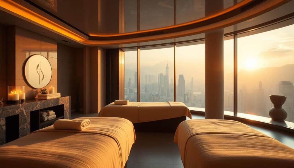 A luxurious spa experience in the heart of a bustling Macau casino, bathed in warm golden light. In the foreground, a tranquil treatment room with plush massage tables and soothing aromatherapy candles. The middle ground reveals serene, minimalist decor with natural stone accents, inviting guests to unwind. In the background, a panoramic view of the glittering Macau skyline, a testament to the opulence and grandeur of this exclusive sanctuary. The scene conveys a sense of indulgence, relaxation, and the transformative power of a pampering, high-end wellness journey.