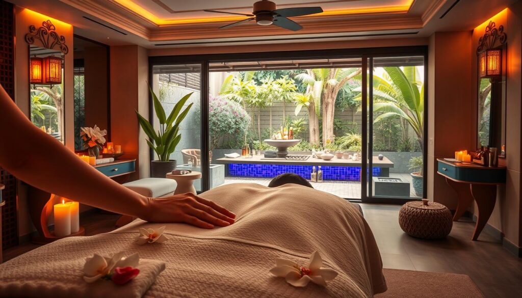 A luxurious spa retreat with elegant decor and soothing ambiance. In the foreground, a masseuse's hands gently kneading into a client's back, the warm touch melting away tension. Soft lighting casts a dreamy glow, highlighting the plush massage table and calming floral arrangements. In the middle ground, a display of aromatic oils, candles, and other pampering treatments. The background showcases a serene garden view, with lush greenery and a tranquil water feature. An atmosphere of indulgence and rejuvenation, inviting the viewer to experience the ultimate in pampering and relaxation.