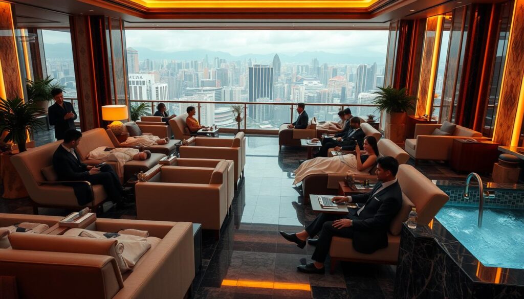 A luxurious spa setting, with plush armchairs and elegant decor. In the foreground, a group of well-dressed patrons enjoying a range of personalized treatments, from facials to massages. The middle ground showcases an array of spa amenities, from tranquil water features to serene lounging areas. In the background, a panoramic view of the bustling Macau cityscape, hinting at the growing demand for high-end leisure and wellness experiences. Soft, warm lighting casts a soothing ambiance, while the overall composition conveys a sense of exclusivity and indulgence.