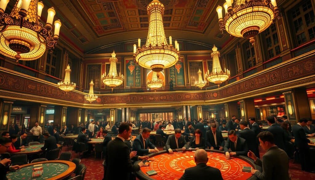 A magnificent panoramic view of a bustling Macau casino in the early 20th century. In the foreground, smartly dressed patrons gather around a lively baccarat table, their faces alight with the thrill of the game. The middle ground features ornate chandeliers casting a warm glow over the scene, while the background showcases the grand architectural details of the historic casino building, evoking a sense of timeless elegance. The composition captures the rich cultural heritage and longstanding tradition of baccarat, a game that has captivated generations of players across Asia.