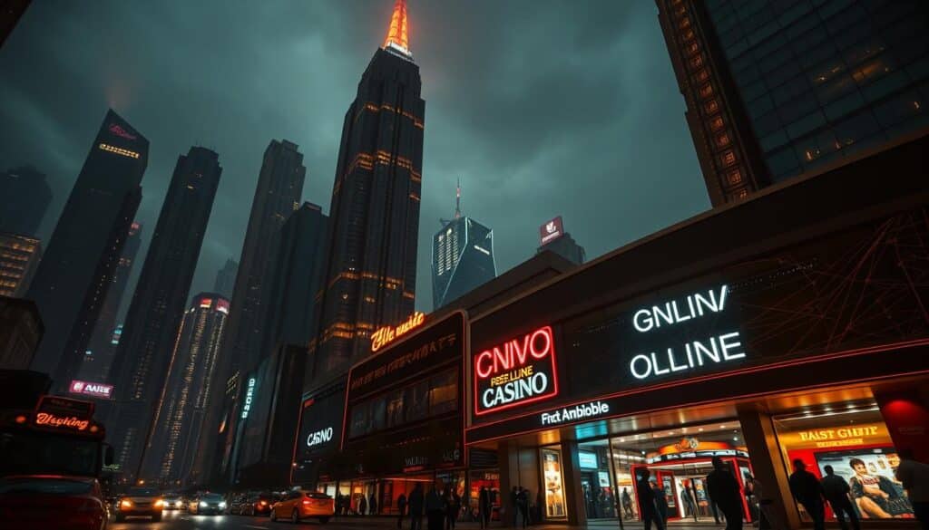 A majestic cityscape at night, with towering high-rise buildings casting a warm glow against the dark sky. In the foreground, a bustling street corner comes alive with the neon lights of a newly opened online casino, its sleek modern facade and alluring signs drawing in a steady stream of patrons. The scene exudes a sense of excitement and opportunity, capturing the rapid rise of the online gambling industry and its growing influence on the urban landscape. Ambient lighting casts dramatic shadows, creating a moody, cinematic atmosphere. The camera angle is low, emphasizing the scale and grandeur of the architecture, while keeping the action in the foreground in sharp focus.
