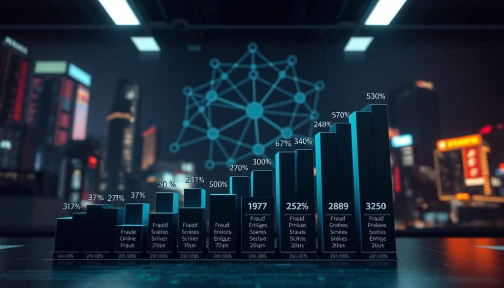 A meticulously crafted data visualization depicting the statistics of online fraud activities. In the foreground, a three-dimensional bar graph illustrates the numerical breakdown of different fraud schemes, their prevalence, and financial impacts. The midground showcases an abstract network diagram, representing the complex web of digital connections that facilitate these illicit operations. In the background, a cityscape backdrop hints at the urban environments where such crimes often originate and thrive. The overall mood is one of analytical precision, tinged with a sense of unease at the scale and sophistication of modern cybercrime.