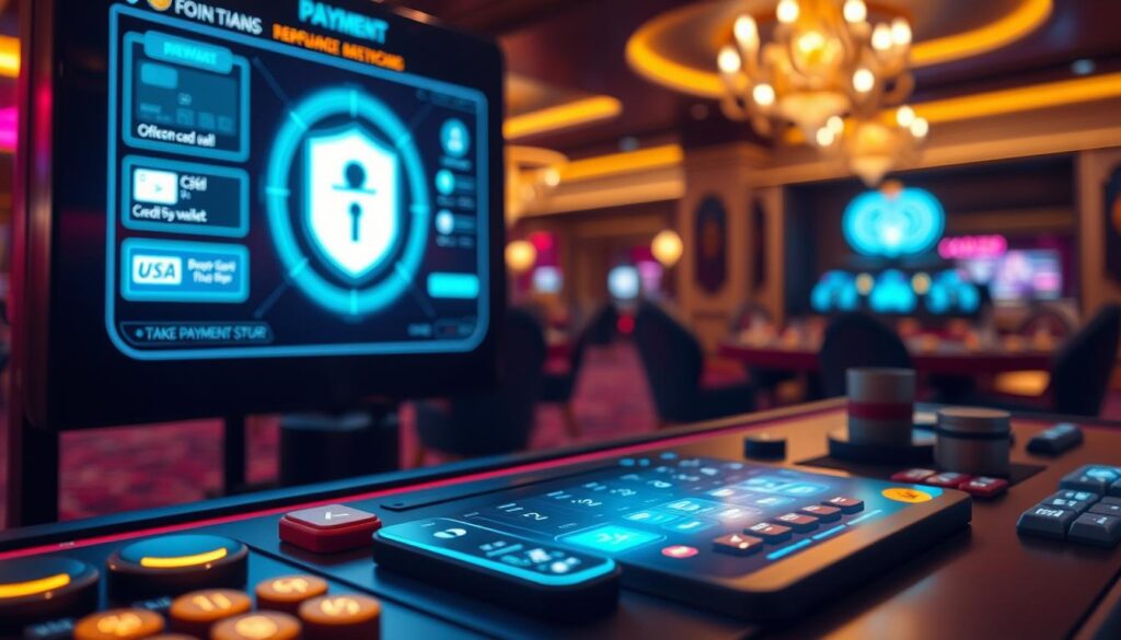 A meticulously designed casino-style payment interface for an online entertainment platform. In the foreground, an array of digital payment icons and buttons, depicting various payment methods such as credit cards, mobile wallets, and cryptocurrency options. The middle ground showcases a secure transaction process, with a sleek, futuristic user interface featuring subtle animations and holographic elements. The background subtly hints at the luxurious ambiance of the online casino, with warm lighting, elegant textures, and a sense of technological sophistication pervading the scene. The overall composition conveys a seamless, trustworthy, and immersive online payment experience tailored for a premium entertainment destination.