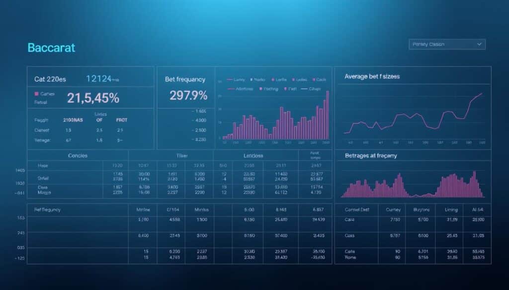 A meticulously detailed data visualization of Baccarat game statistics, featuring a sleek and minimalist design. The foreground showcases a clean grid layout with neatly arranged columns and rows, displaying key performance metrics such as win/loss ratios, average bet sizes, and bet frequency distributions. The middle ground incorporates subtle graphical elements, such as elegant line charts and bar graphs, to provide deeper insights into the game's dynamics. The background subtly blends shades of blue and gray, creating a sophisticated and professional ambiance, while delicate lighting casts a soft, even glow across the entire composition, accentuating the clarity and precision of the data presentation.