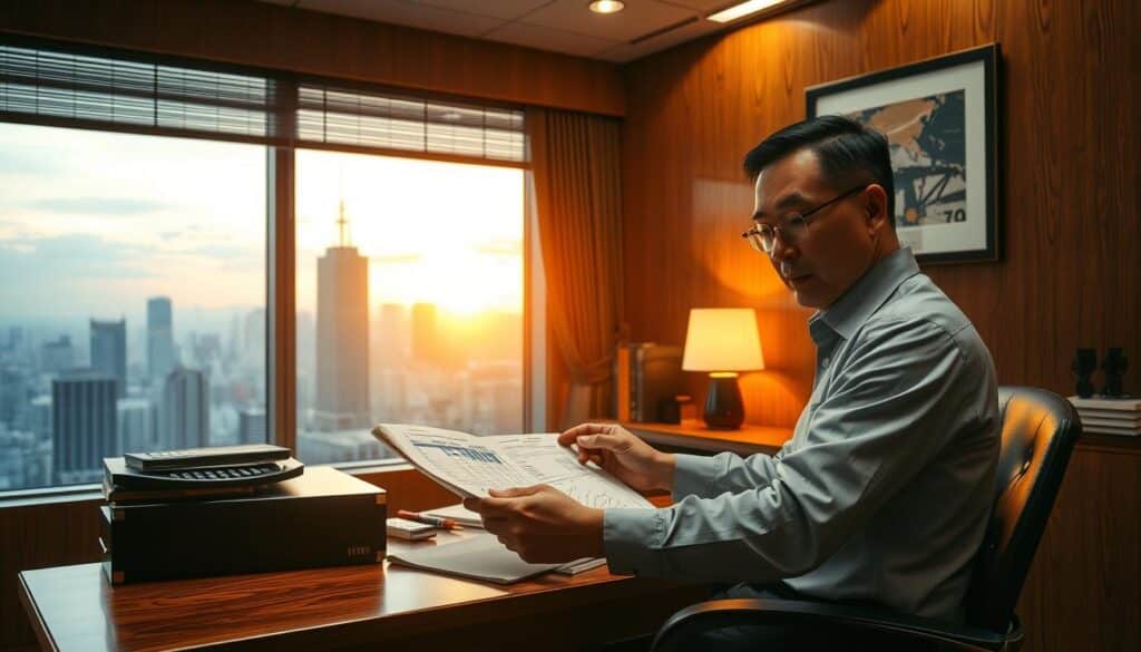A middle-aged man, Mr. Wang, sitting at a mahogany desk in a cozy, wood-paneled office. He is intently studying a spreadsheet filled with numbers, a look of deep concentration on his face. Behind him, floor-to-ceiling windows offer a panoramic view of a bustling city skyline, the setting sun casting a warm, golden glow over the scene. Discreet lighting illuminates the space, creating a sense of focus and productivity. The overall atmosphere conveys a feeling of success, hard work, and a carefully cultivated investment strategy.