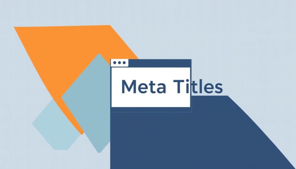 A minimalist, clean and modern illustration depicting the fundamental concepts of meta titles. The foreground shows a simple browser window with a clean white background, showcasing a well-structured meta title element. The middle ground features abstract geometric shapes in shades of blue, orange and gray, representing the key principles of meta title optimization such as conciseness, relevance and uniqueness. The background has a subtle grid pattern, symbolizing the technical and structured nature of meta titles within the digital landscape. The overall mood is one of clarity, simplicity and professionalism, appropriate for explaining the basic tenets of this important SEO element.