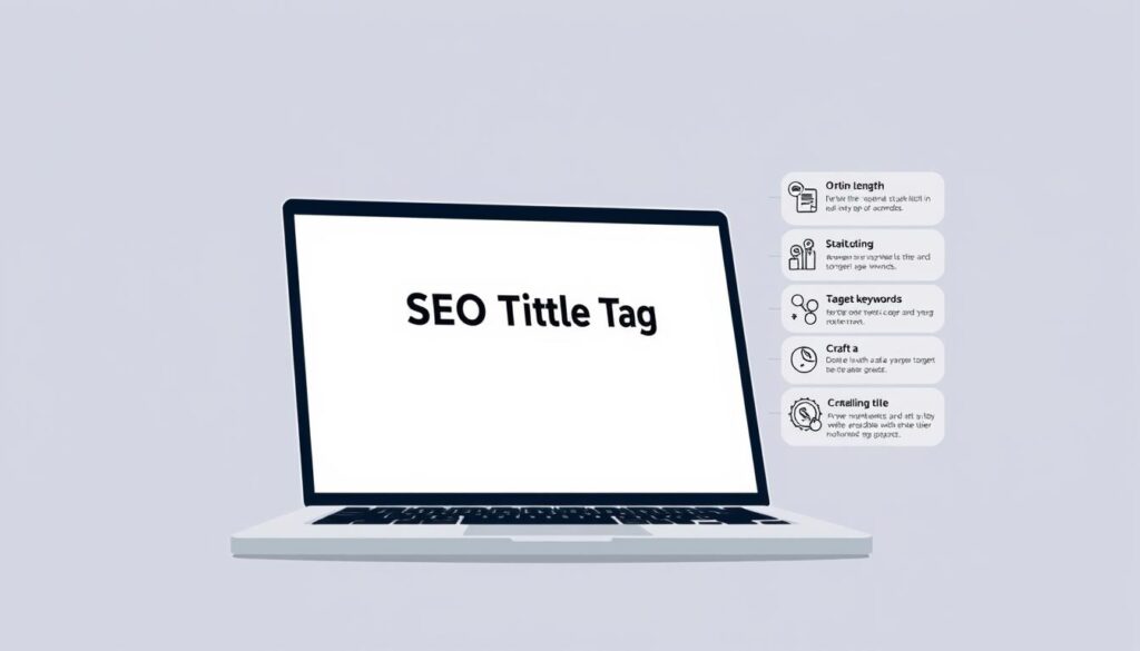 A minimalist, clean-cut illustration depicting the core concepts of SEO title tags. In the foreground, a modern laptop computer displays a simple webpage with a prominent title header. The title is rendered in bold, attention-grabbing typography, emphasizing its importance. In the middle ground, a series of stylized icons and infographic elements illustrate key principles like optimizing length, including target keywords, and crafting a compelling title. The background features a subtle gradient or geometric pattern, lending a sense of structure and design. The overall mood is professional, informative, and geared towards web developers or digital marketers seeking to understand SEO title tag fundamentals.