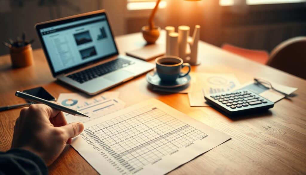 A minimalist office scene with a wooden desk, a laptop, and various financial documents and charts. The lighting is warm and focused, creating a contemplative atmosphere. In the foreground, a hand holds a pen, poised over a budget worksheet. The middle ground features a calculator and a cup of coffee, symbolizing the careful attention required for financial planning. The background is slightly blurred, hinting at the wider context of the budgeting process. The overall composition conveys a sense of diligence, attention to detail, and the importance of strategic financial management.
