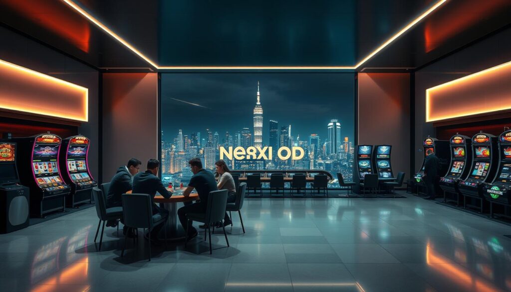 A modern and stylish online gambling establishment set against a sleek, minimalist backdrop. In the foreground, a group of people gathered around a table, immersed in a high-stakes poker game, their faces lit by the glow of digital displays. The middle ground features rows of slot machines, their vibrant lights and animations beckoning players to try their luck. In the background, a panoramic view of a bustling city skyline, hinting at the thrill and excitement of the urban nightlife. The lighting is soft and atmospheric, creating a sense of sophisticated elegance. The camera angle is slightly elevated, allowing the viewer to take in the full scope of the scene. The overall mood is one of anticipation and possibility, inviting the viewer to imagine themselves as part of this captivating world of online entertainment.