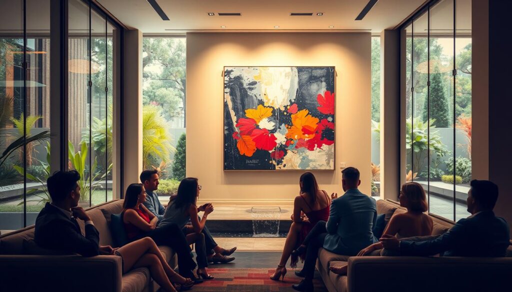 A modern art gallery interior with floor-to-ceiling windows overlooking a lush garden. In the foreground, a group of well-dressed individuals sit on plush sofas, engaged in animated conversation. The lighting is soft and warm, creating a relaxed, sophisticated ambiance. In the middle ground, a large, abstract canvas hangs on the wall, its vibrant colors and bold brushstrokes drawing the eye. The background features a tranquil water feature, with the gentle sound of flowing water adding to the serene atmosphere. The overall scene conveys a sense of luxury, comfort, and thoughtful customer experience.