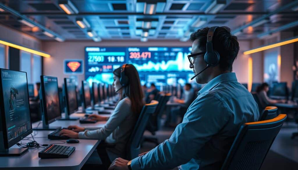 A modern call center interior, with sleek desks, ergonomic chairs, and cutting-edge headsets. In the foreground, a customer service agent attentively listens to a caller, their face illuminated by the glow of a computer screen. In the middle ground, rows of agents efficiently manage incoming inquiries, their fingers dancing across keyboards. The background features a large video wall displaying real-time metrics, highlighting the impact of technology in streamlining the online gaming customer experience. Warm lighting and a minimalist aesthetic create a professional, yet welcoming atmosphere. The scene conveys the seamless integration of advanced tools and human expertise, elevating the quality of online entertainment customer support.