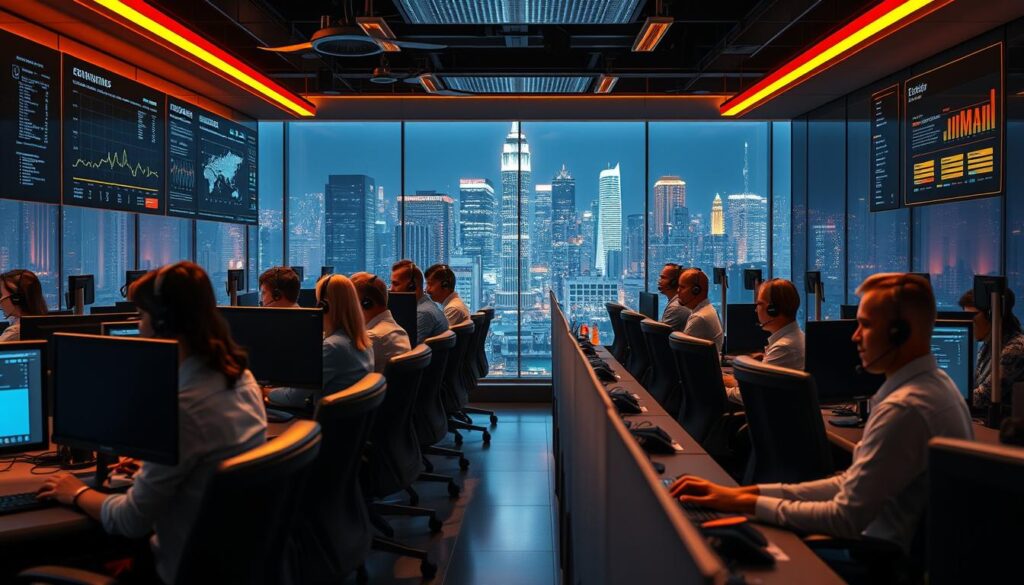A modern call center office, filled with rows of customer service agents diligently assisting online gamblers. Sleek computer monitors, headsets, and ergonomic chairs create an efficient, high-tech atmosphere. Warm lighting casts a professional glow, while large displays showcase real-time analytics and performance metrics. In the background, a panoramic view of a bustling metropolitan skyline reflects the global reach of the online gambling industry. The agents, a diverse team of experts, navigate complex inquiries with a mix of empathy and technical prowess, exemplifying the advancement of customer service in the ever-evolving online gambling landscape.