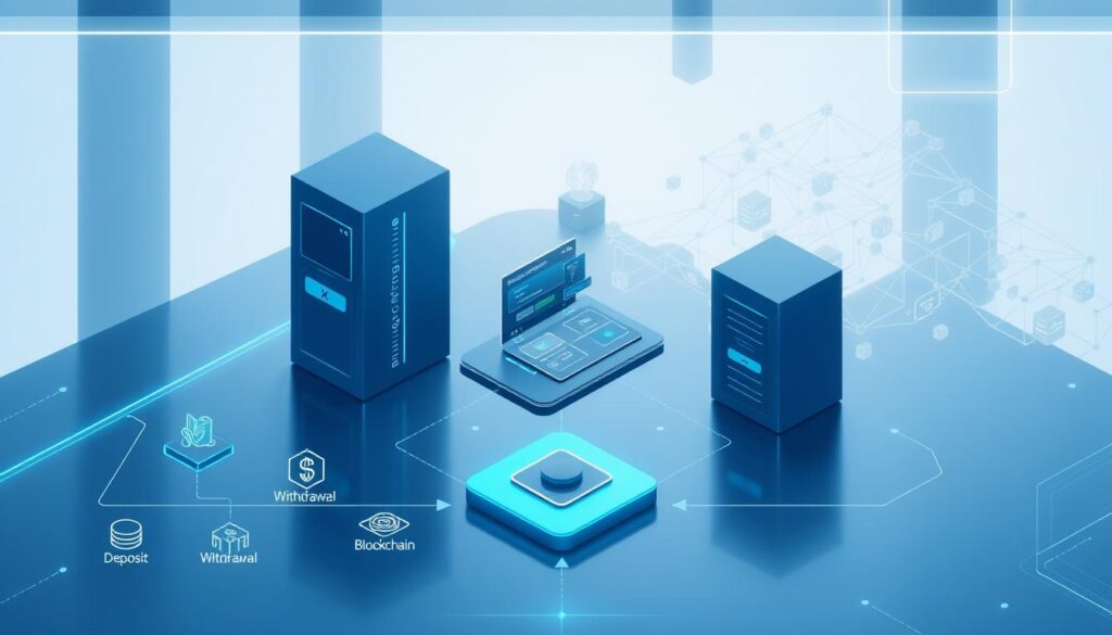 A modern financial transaction flow diagram showcasing the cash circulation and withdrawal process for an online casino. Set in a sleek, minimalist environment with a cool, futuristic color palette of blues, grays, and subtle metallic accents. In the foreground, a series of interconnected icons and diagrams illustrate the step-by-step journey of funds, from deposit to withdrawal, with clean geometric shapes and simple typography. The middle ground features a 3D isometric rendering of a digital wallet interface, with intuitive controls and a dynamic display of transaction history. In the background, a network of secure data servers and blockchain nodes suggest the underlying technological infrastructure powering the seamless financial experience.