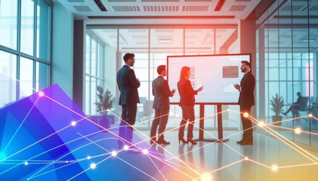 A modern, minimalist marketing strategy illustration. In the foreground, a sleek, colorful set of abstract geometric shapes and lines, representing various digital marketing channels and tactics. In the middle ground, a group of businesspeople collaborating, discussing analytics and strategy on a large touchscreen display. The background is a clean, well-lit office environment with floor-to-ceiling windows, suggesting a professional, technology-driven setting. The overall mood is one of innovation, efficiency, and a data-driven approach to marketing. Warm, diffused lighting casts a soft glow, creating an inviting and aspirational atmosphere.