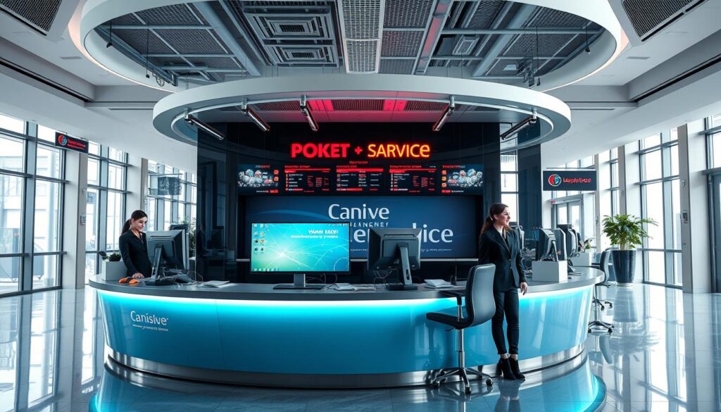 A modern, professional customer service desk for an online entertainment casino, featuring a sleek and inviting design. The desk is situated in a bright, spacious lobby with a high ceiling and large windows, allowing natural light to flood the space. The service agents are dressed in smart, formal attire, ready to assist customers with a friendly and attentive demeanor. The desk is equipped with state-of-the-art technology, including multiple monitors and high-quality communication equipment, enabling the agents to efficiently handle inquiries and provide comprehensive support. The overall atmosphere conveys a sense of professionalism, reliability, and a commitment to delivering an exceptional customer experience.