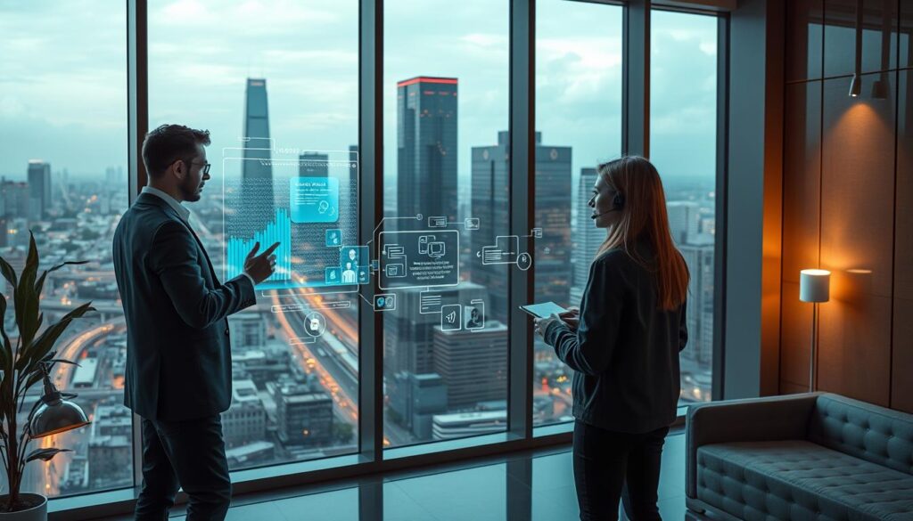 A modern, sleek office interior with a large window overlooking a futuristic cityscape. In the foreground, a customer service representative assists a client on a holographic display, their interactions seamlessly blending physical and digital realms. The middle ground features an array of state-of-the-art communication technologies, including voice-activated interfaces and adaptive AI-powered chatbots. The background depicts a bustling metropolis, its skyscrapers and transportation networks hinting at the transformative potential of advanced connectivity and automation. Warm, natural lighting casts a sense of comfort and professionalism, while the overall scene conveys a vision of the evolving customer service landscape - efficient, personalized, and firmly rooted in the digital future.