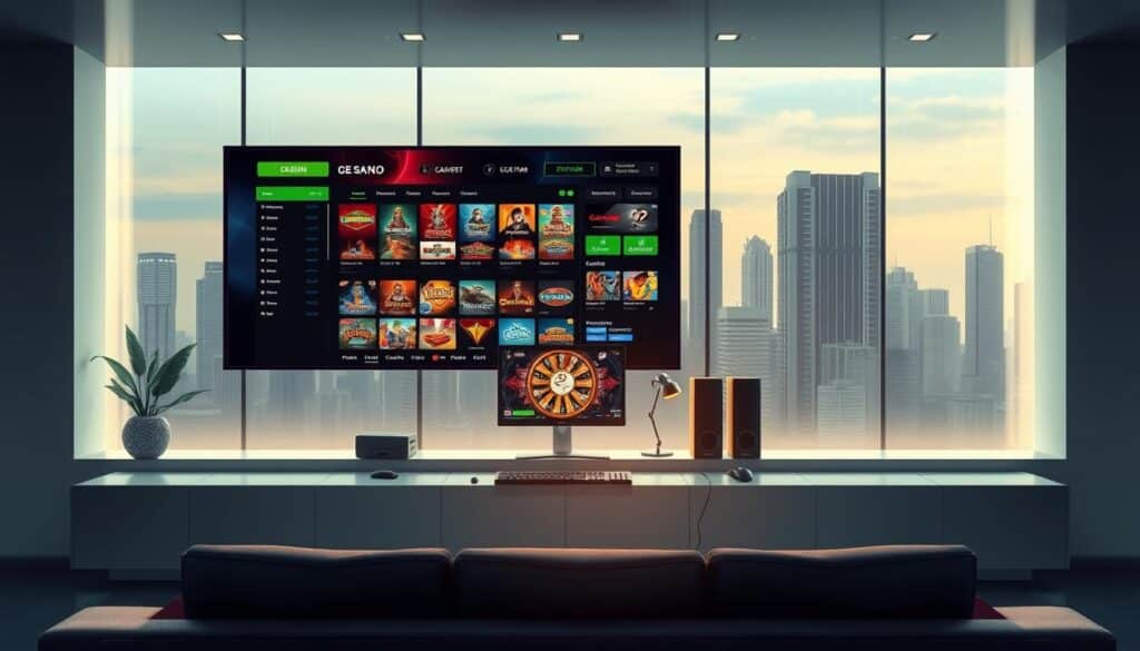 A modern, sleek online casino setting with a clean, minimalist aesthetic. The foreground features a flat-screen display showcasing various casino games and payment options, conveying the convenience and accessibility of online gaming. In the middle ground, a desktop computer and gaming peripherals suggest a comfortable, immersive player experience. The background depicts a serene, city skyline with high-rise buildings, hinting at the global reach and scale of the online casino industry. The overall mood is one of sophistication, security, and responsible entertainment, with subtle cues to guide the viewer's attention to the key considerations when choosing an online casino.