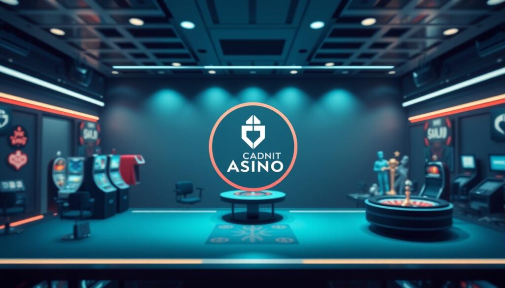 A modern, well-designed online casino platform with a sleek, minimalist interface. The casino's logo and brand identity prominently displayed in the center, surrounded by various casino gaming icons like slot machines, roulette wheels, and card tables. The background has a subdued color palette, perhaps soft blues or grays, conveying a sense of sophistication and reliability. The lighting is subtle and evenly distributed, creating a warm, inviting atmosphere. The overall composition is balanced and visually appealing, reflecting the trustworthiness and professionalism of the online casino. Depth of field is used to draw the viewer's attention to the key branding elements.