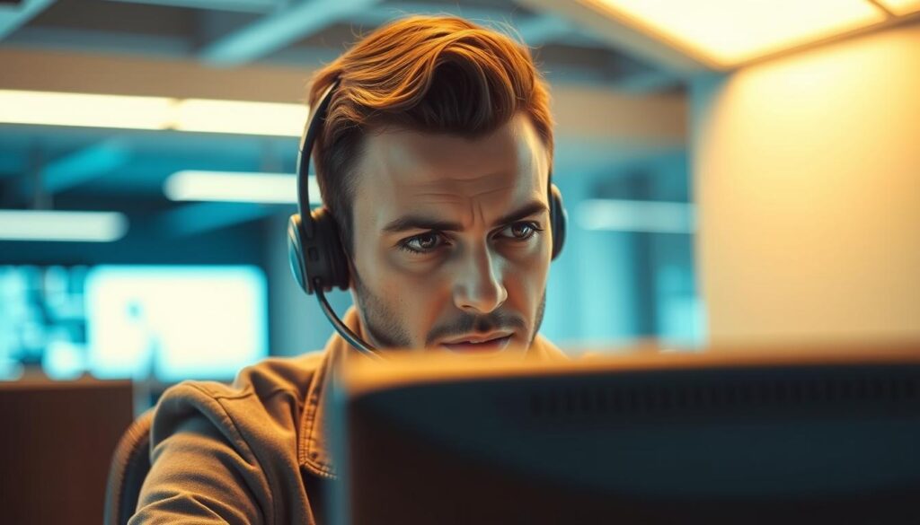 A modern, well-lit office space with a customer service agent sitting at a desk, intently focused on a computer screen. The agent's expression conveys a sense of urgency and efficiency, with a slight furrow of the brow indicating the importance of the task at hand. The background features a sleek, minimalist design with clean lines and muted colors, creating a professional and high-tech atmosphere. The lighting is warm and directional, highlighting the agent's face and creating a sense of depth and dimension. The angle is slightly elevated, giving the viewer a sense of observing the scene from an overhead perspective, emphasizing the idea of timely and responsive customer service.